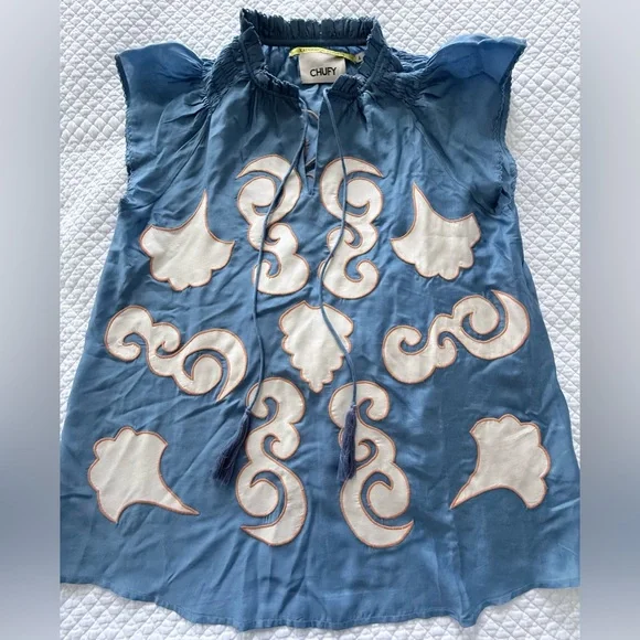 Chufy Kathmandu Heights Silk Embroidered Boho Blouse Blue Size L - Picture 2 of 10